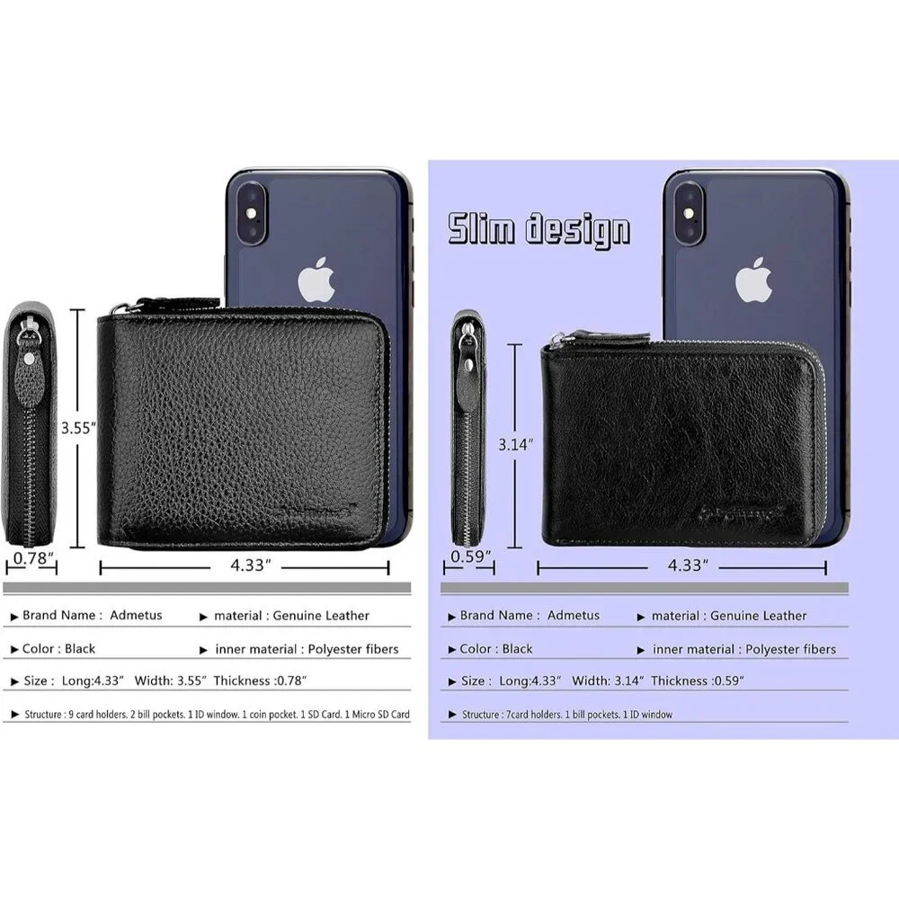 Men's Leather Black Bifold Beautiful Small Wallets Credit Card Zipper Around